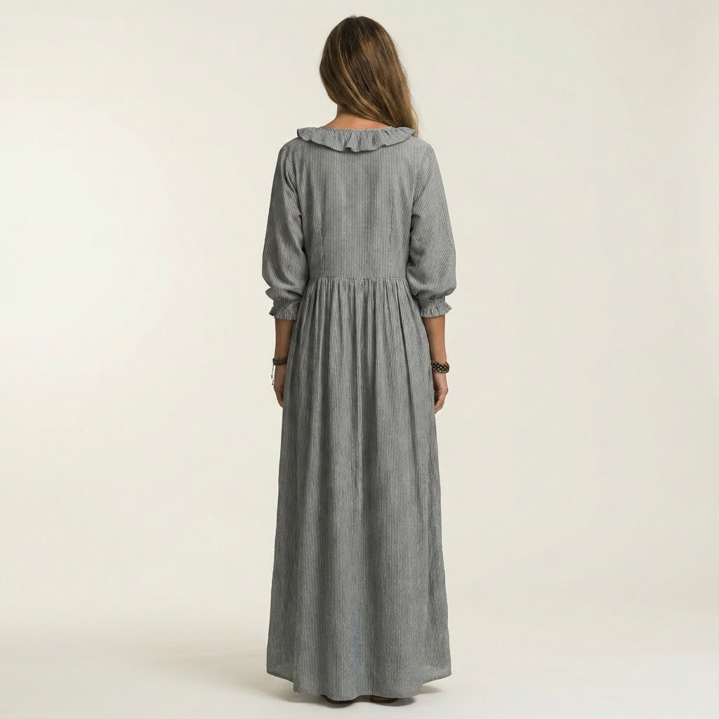 Willemien maxi-jurk met ruche-hals en lantaarnmouwen