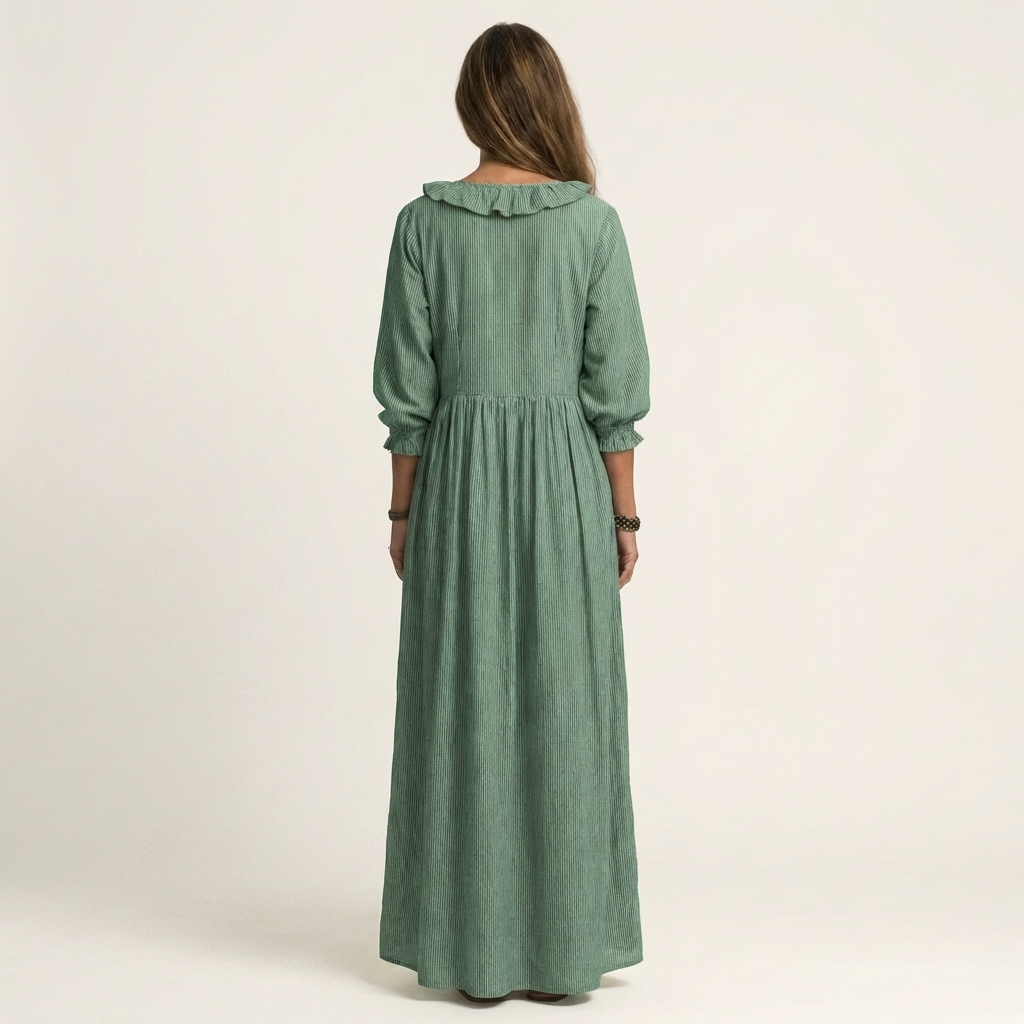 Willemien maxi-jurk met ruche-hals en lantaarnmouwen