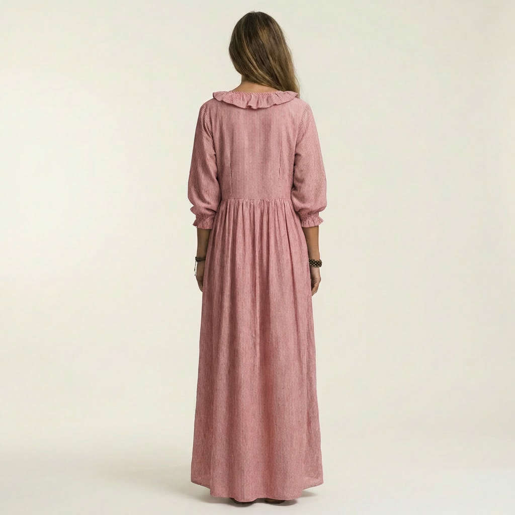 Willemien maxi-jurk met ruche-hals en lantaarnmouwen