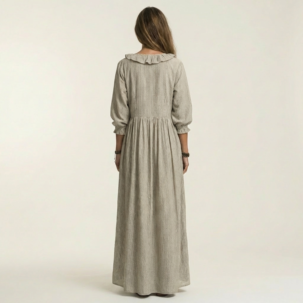 Willemien maxi-jurk met ruche-hals en lantaarnmouwen