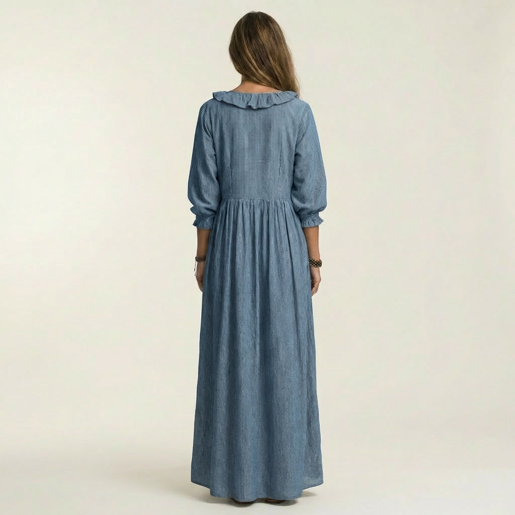 Willemien maxi-jurk met ruche-hals en lantaarnmouwen