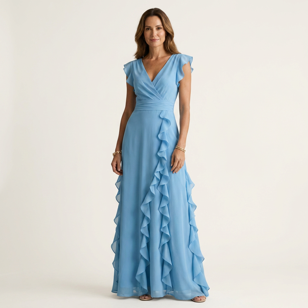 Josefine maxi-jurk met overslag en cascaderuche