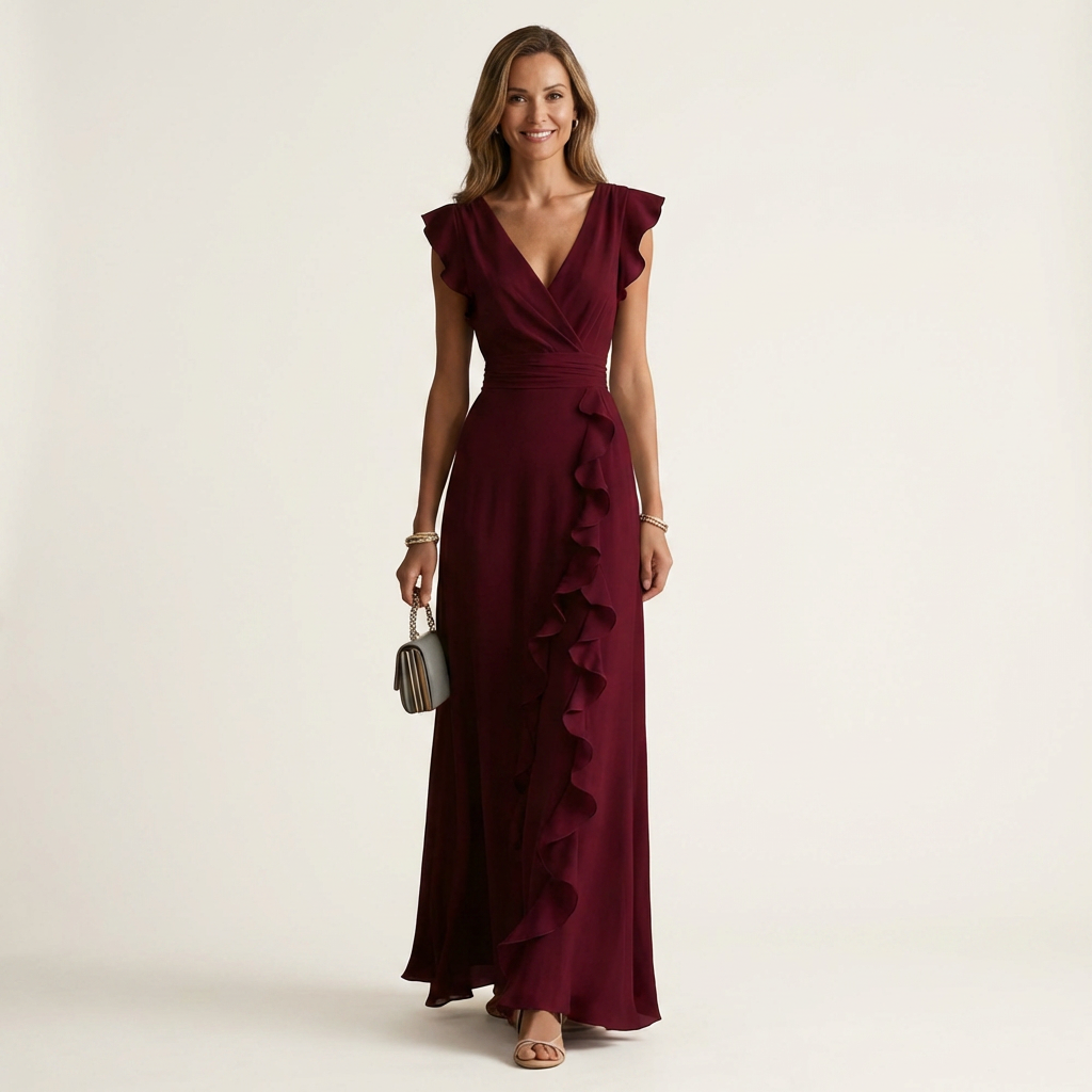 Josefine maxi-jurk met overslag en cascaderuche