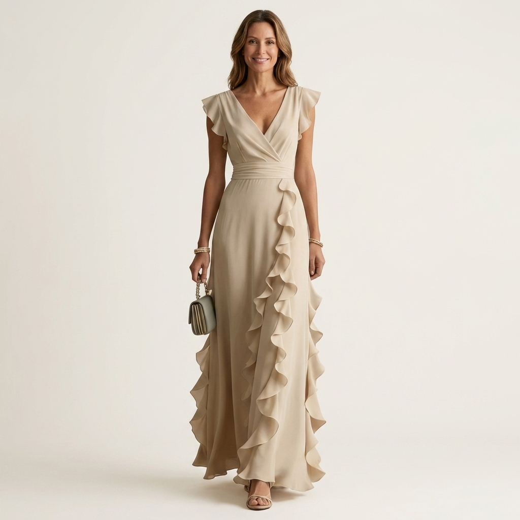 Josefine maxi-jurk met overslag en cascaderuche
