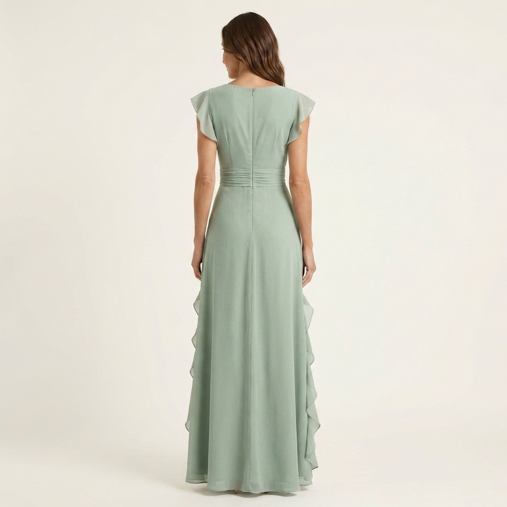 Josefine maxi-jurk met overslag en cascaderuche