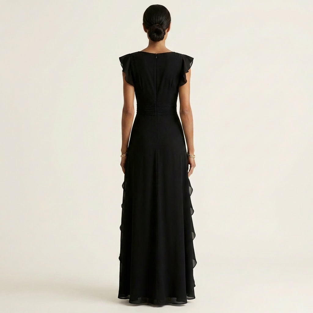 Josefine maxi-jurk met overslag en cascaderuche