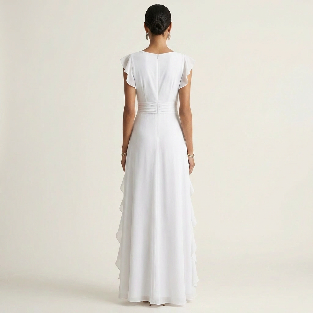Josefine maxi-jurk met overslag en cascaderuche