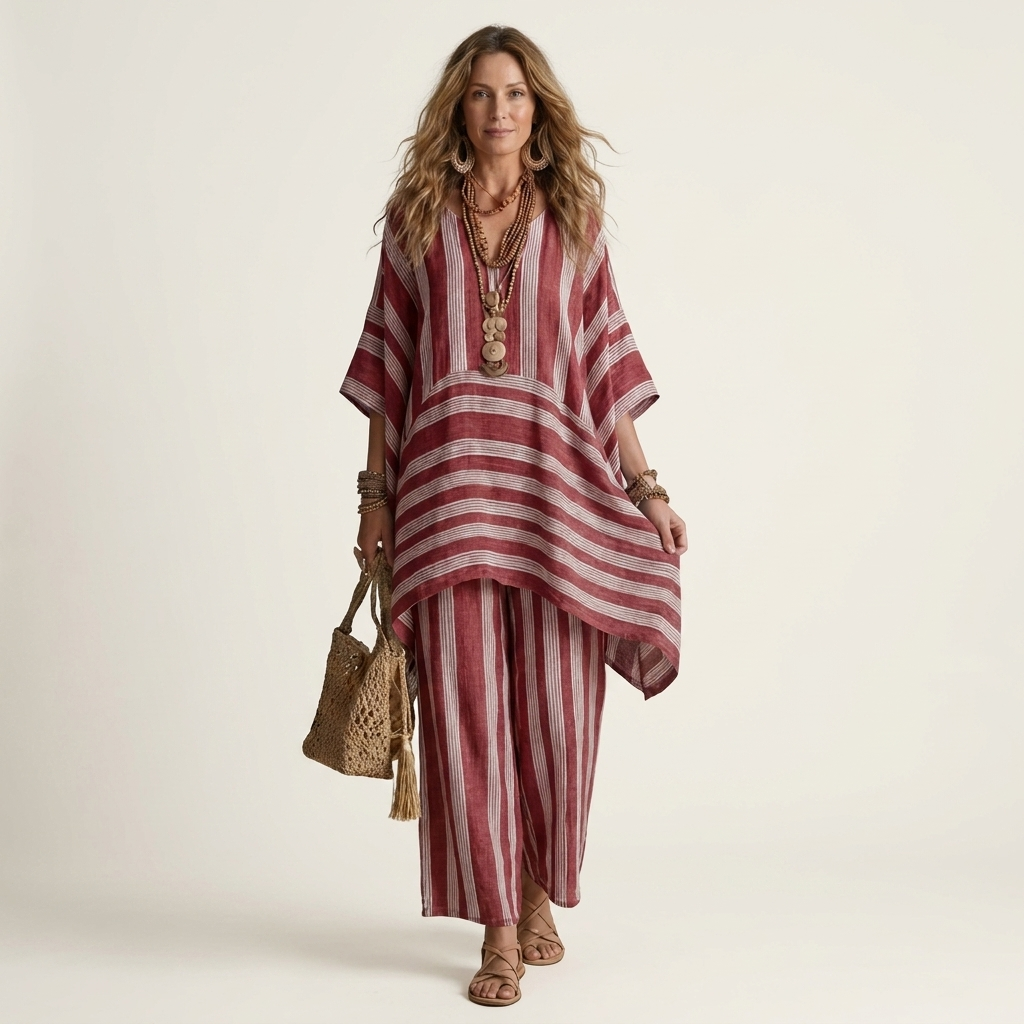 Reina gestreepte set met hi-lo tuniek en wijde broek