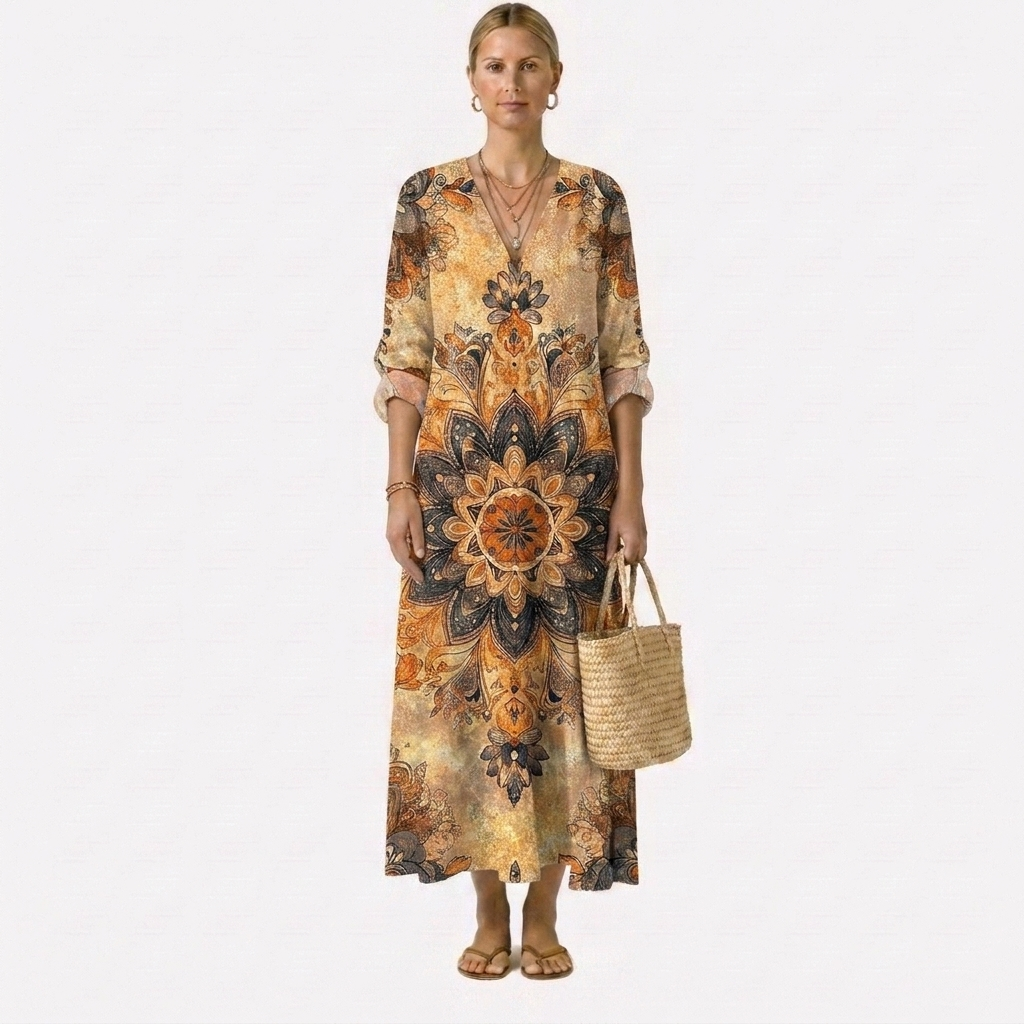 Dora jurk met bloemenprint en natuurlijke elegantie