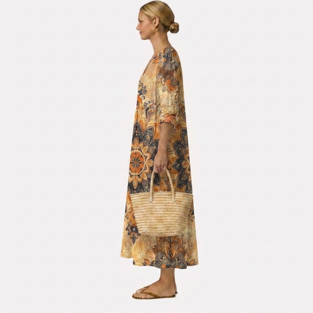 Dora jurk met bloemenprint en natuurlijke elegantie