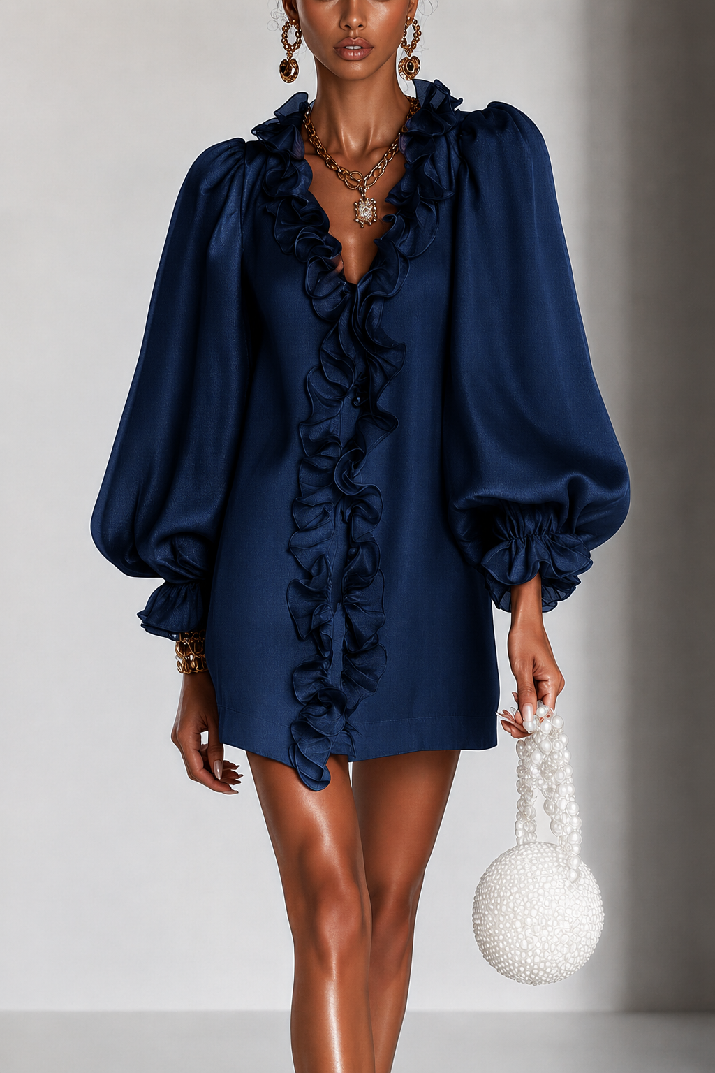 Losse mini-jurk met gesmokte pofmouwen in marineblauw