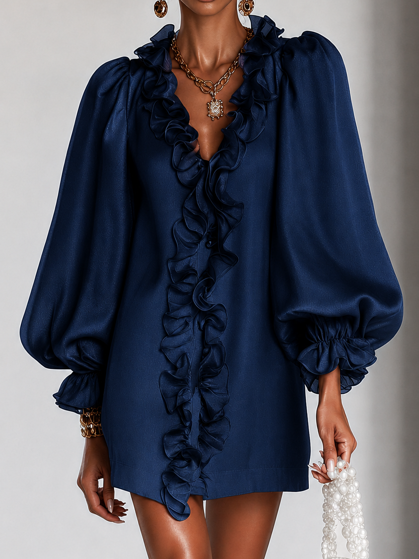 Losse mini-jurk met gesmokte pofmouwen in marineblauw