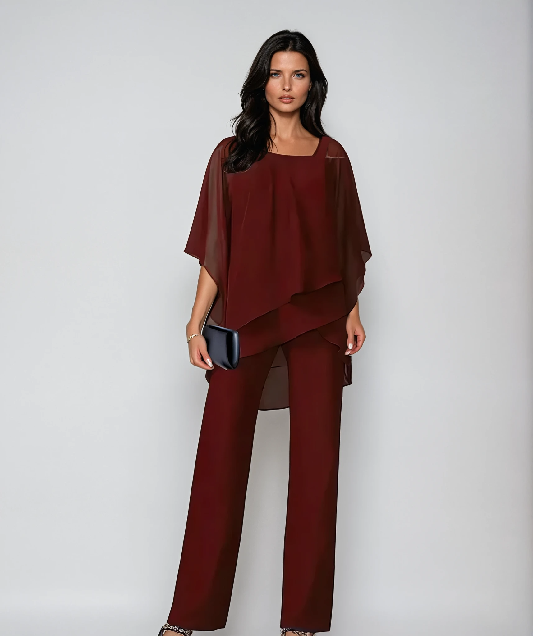Lucie tweedelige set met asymmetrische ponchotop - bordeaux