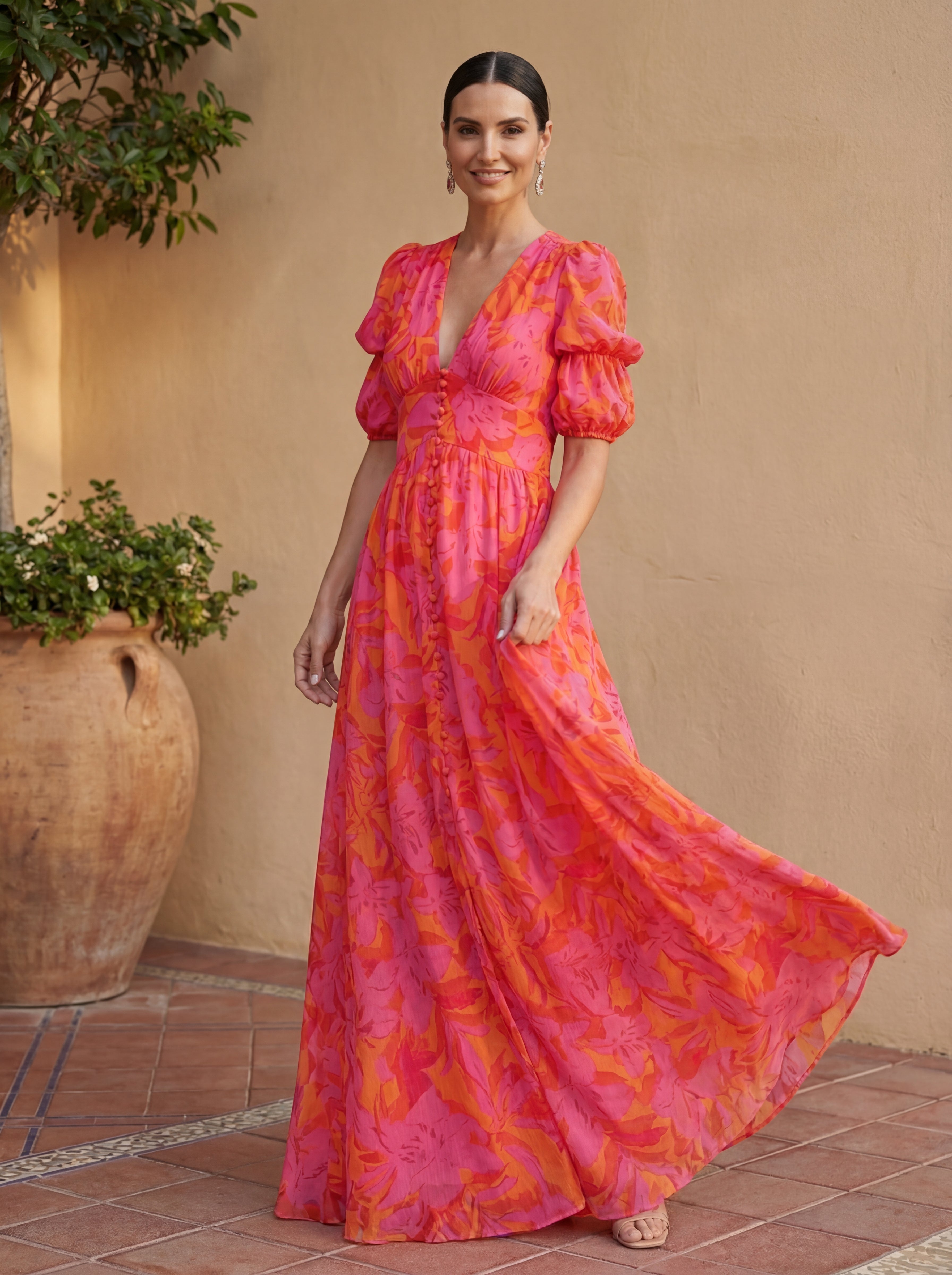 Oliva | Maxi-jurk met bloemenprint, ballonmouwen en V-hals