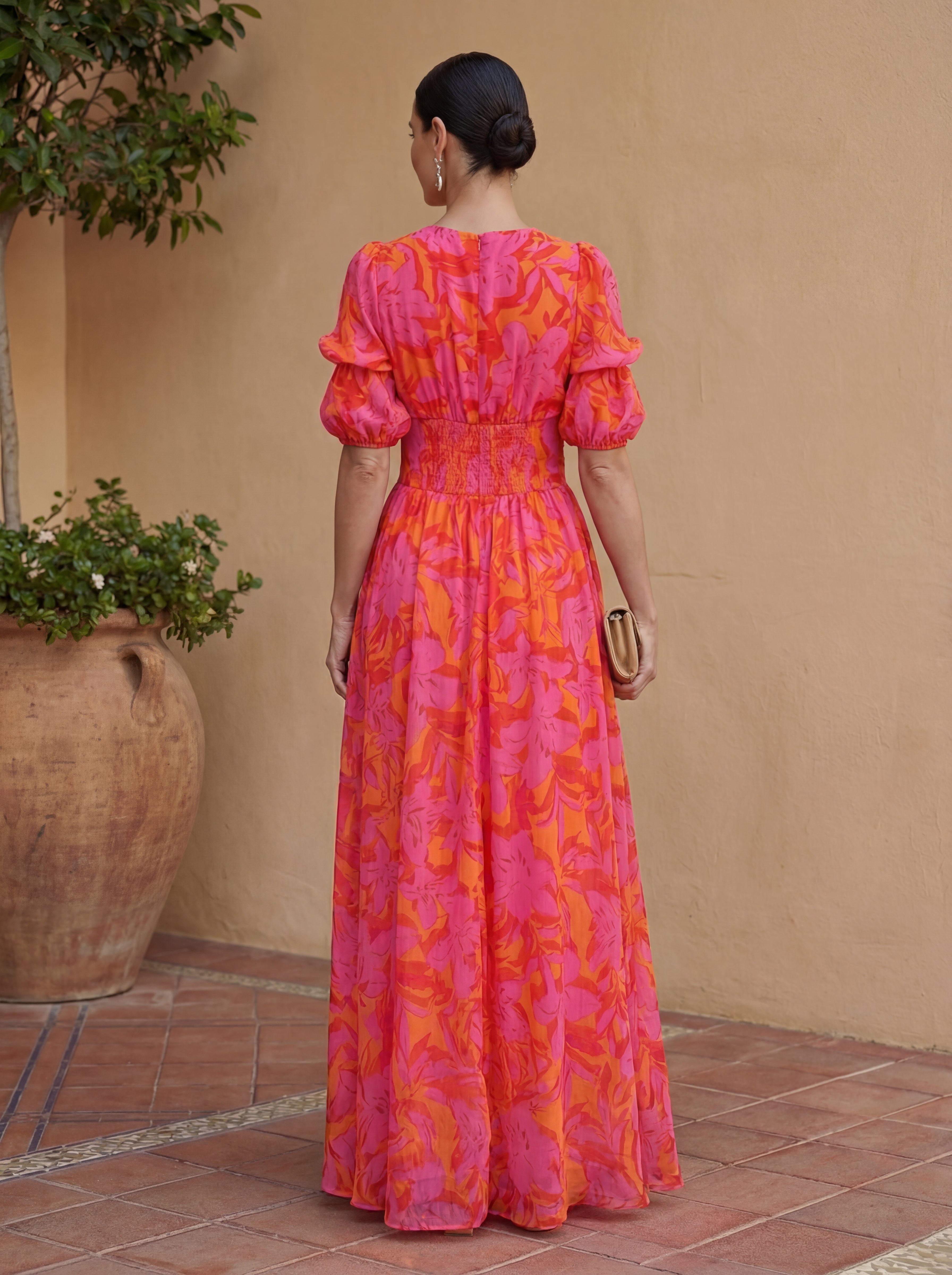 Oliva | Maxi-jurk met bloemenprint, ballonmouwen en V-hals