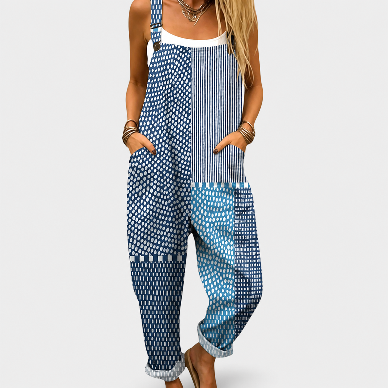 Rika blauwe jumpsuit met patchworkdessin