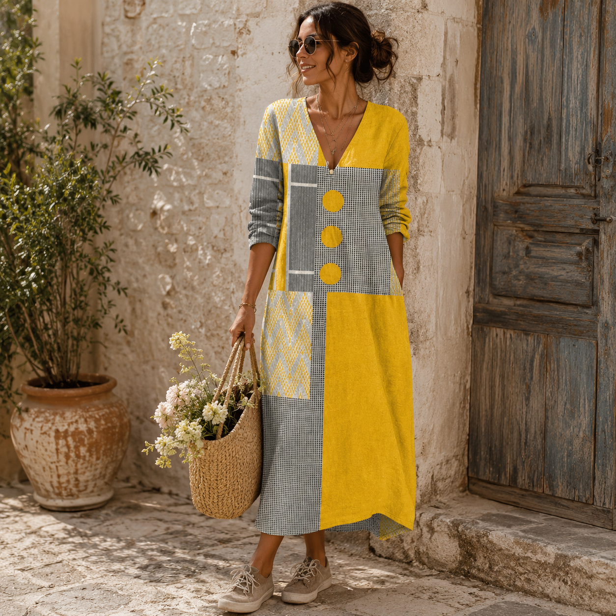 Rosalía | Lange jurk met knopen en kleurrijke print