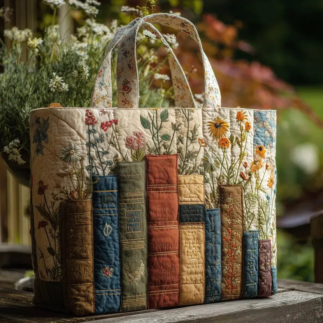 Ambachtelijke doorgestikte tas - Boeken en bloemen