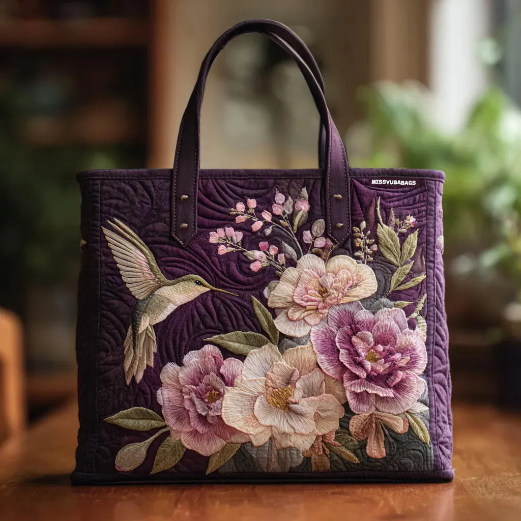 Ambachtelijke doorgestikte tas - Kolibrie en orchideeën