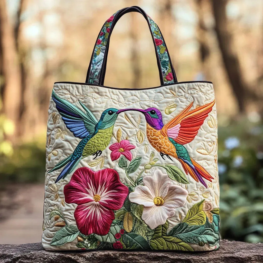 Doorgestikte tas - Kolibrie en witte bloemen