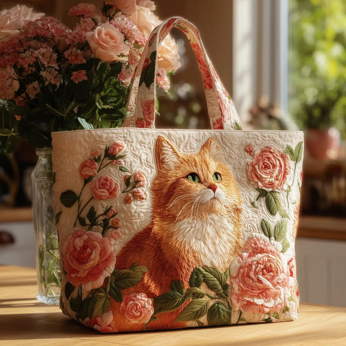 Ambachtelijke tas - Rode kat met rozen