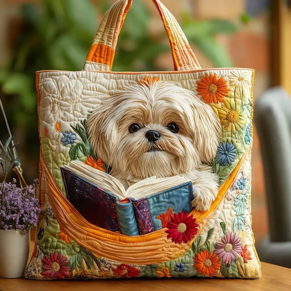 Ambachtelijke tas - Shih Tzu met boeken en bloemen