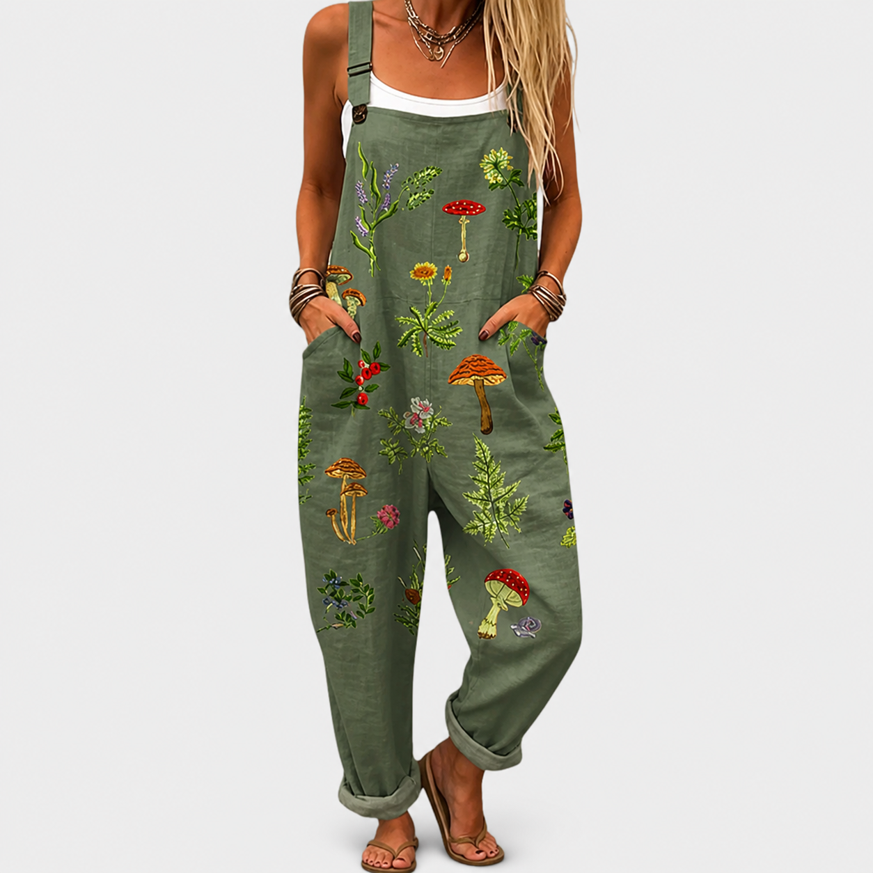 Toos olijfgroene jumpsuit met bloemenprint