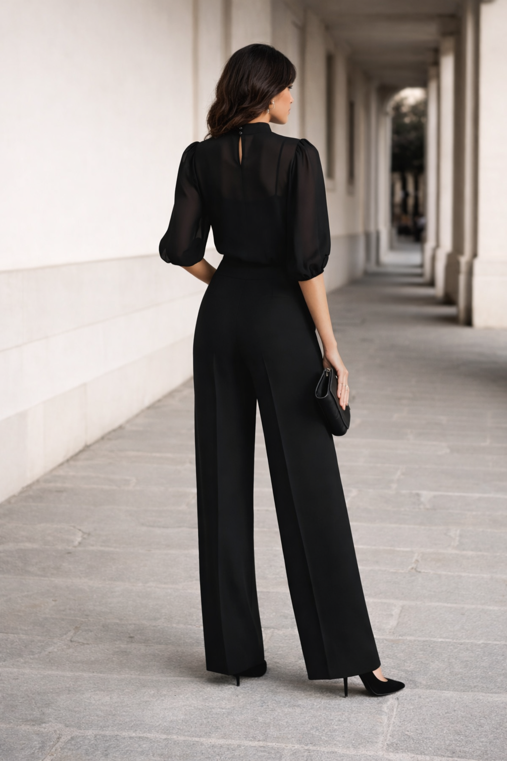 Valentina driedelige set met transparante camisole en wijde broek