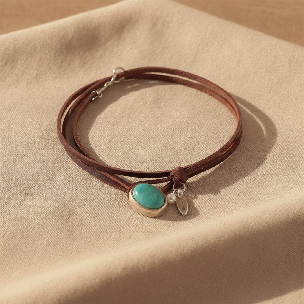 Agnese leren choker met turkoois