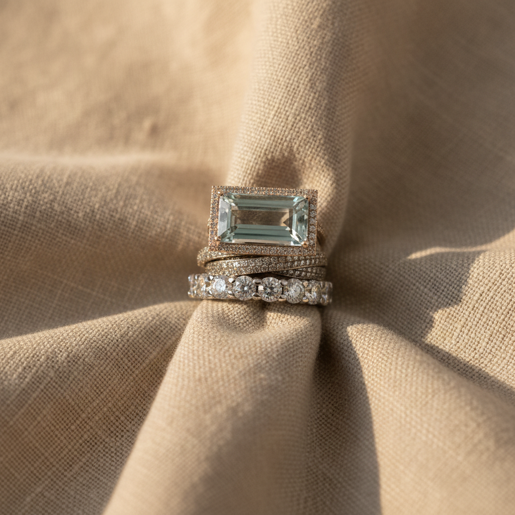 Lorenza set van 3 art deco ringen met aquamarijn